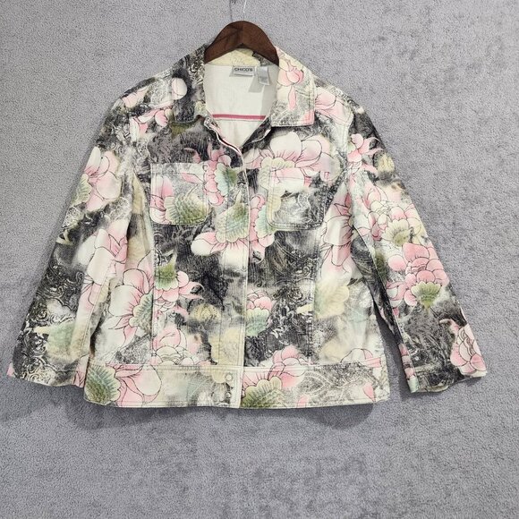 Chico's Jackets & Blazers - Chico's Womens Floral Denim Jacket Size 2/12 Cotton Blend Button Front JPT